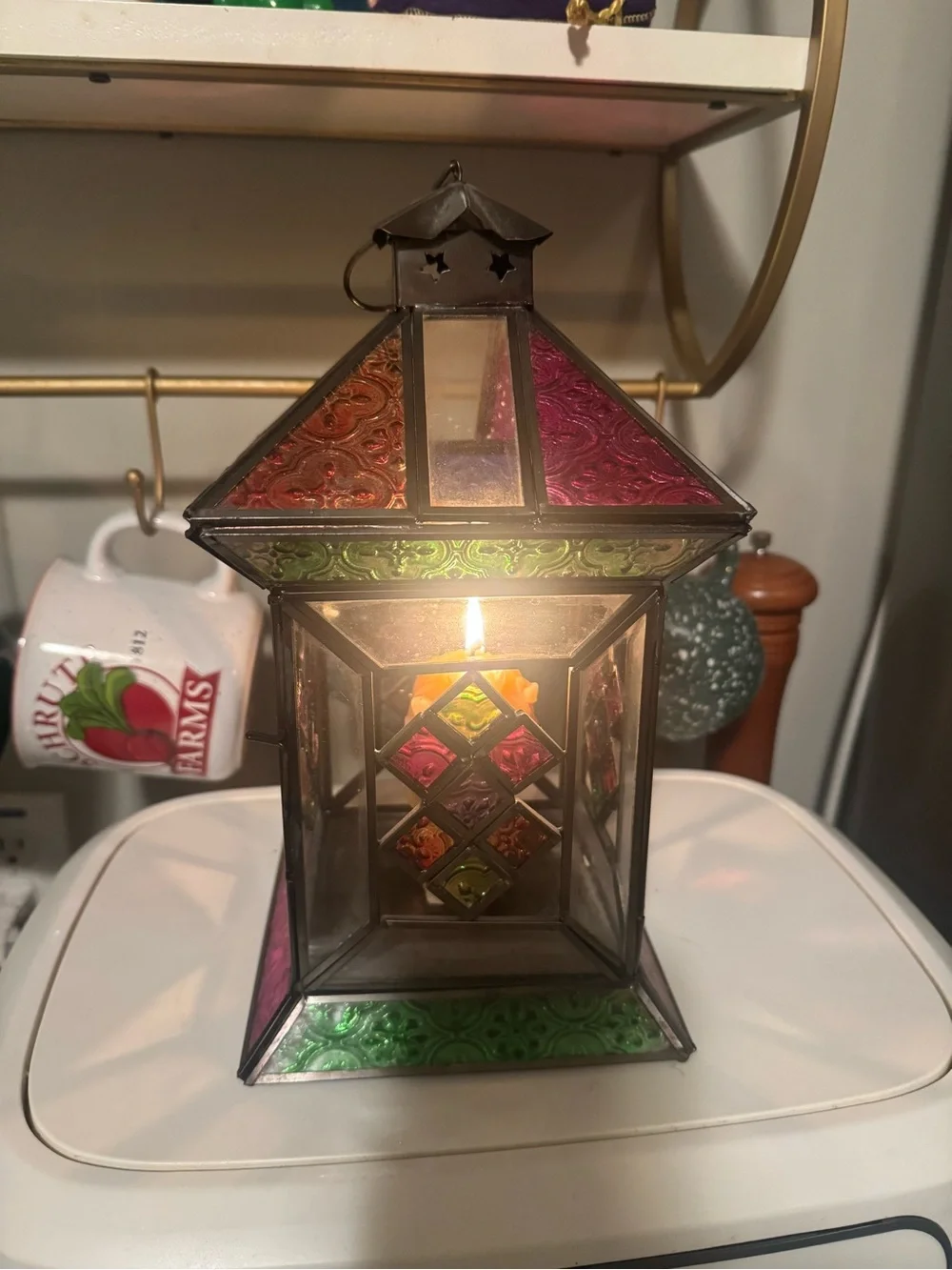VTG Stained Glass Style Candle Lantern Multicolored Glass Metal Made In India